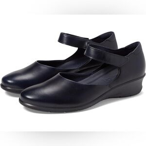 ECCO WOMENS FELICIA MARY JANE NAVY BLUE LEATHER WEDGE COMFORT HEEL SHOES 10